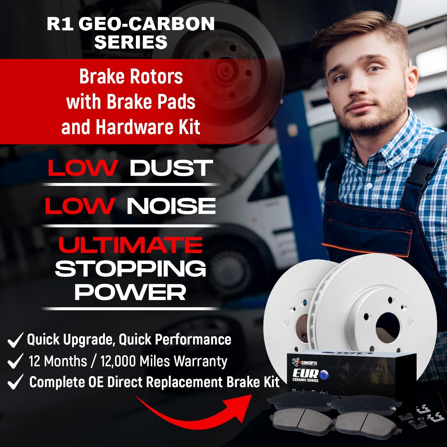R1 Concepts Front and Rear Brake Kit Fits 2015-2023 Mercedes-Benz C300| Euro Ceramic Pads, Blank Rotors| Hardware| 13.0' Front & 11.8' Rear
