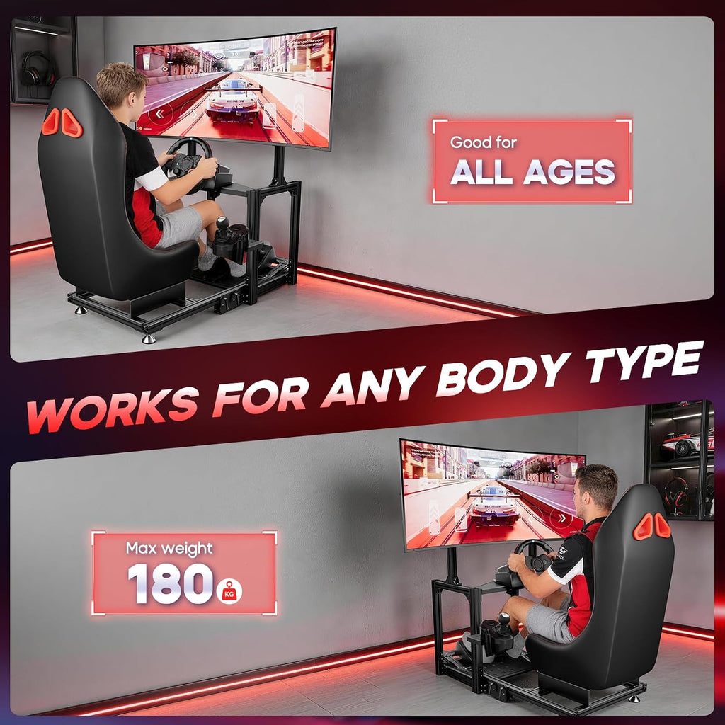 RACGTING Aluminum Racing Simulator Cockpit with TV Mount, Foldable Sim Racing Cockpit with Leather Seat, Ultra-Stable 180kg Load, Fits Logitech, Thrustmaster, Fanatec & MOZA Wheels