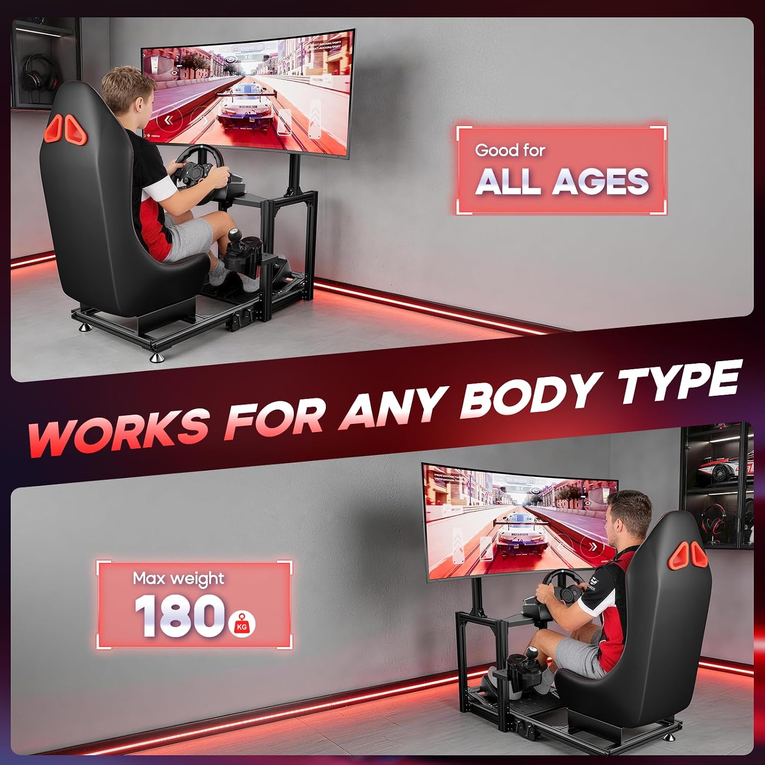 RACGTING Aluminum Racing Simulator Cockpit with TV Mount, Foldable Sim Racing Cockpit with Leather Seat, Ultra-Stable 180kg Load, Fits Logitech, Thrustmaster, Fanatec & MOZA Wheels