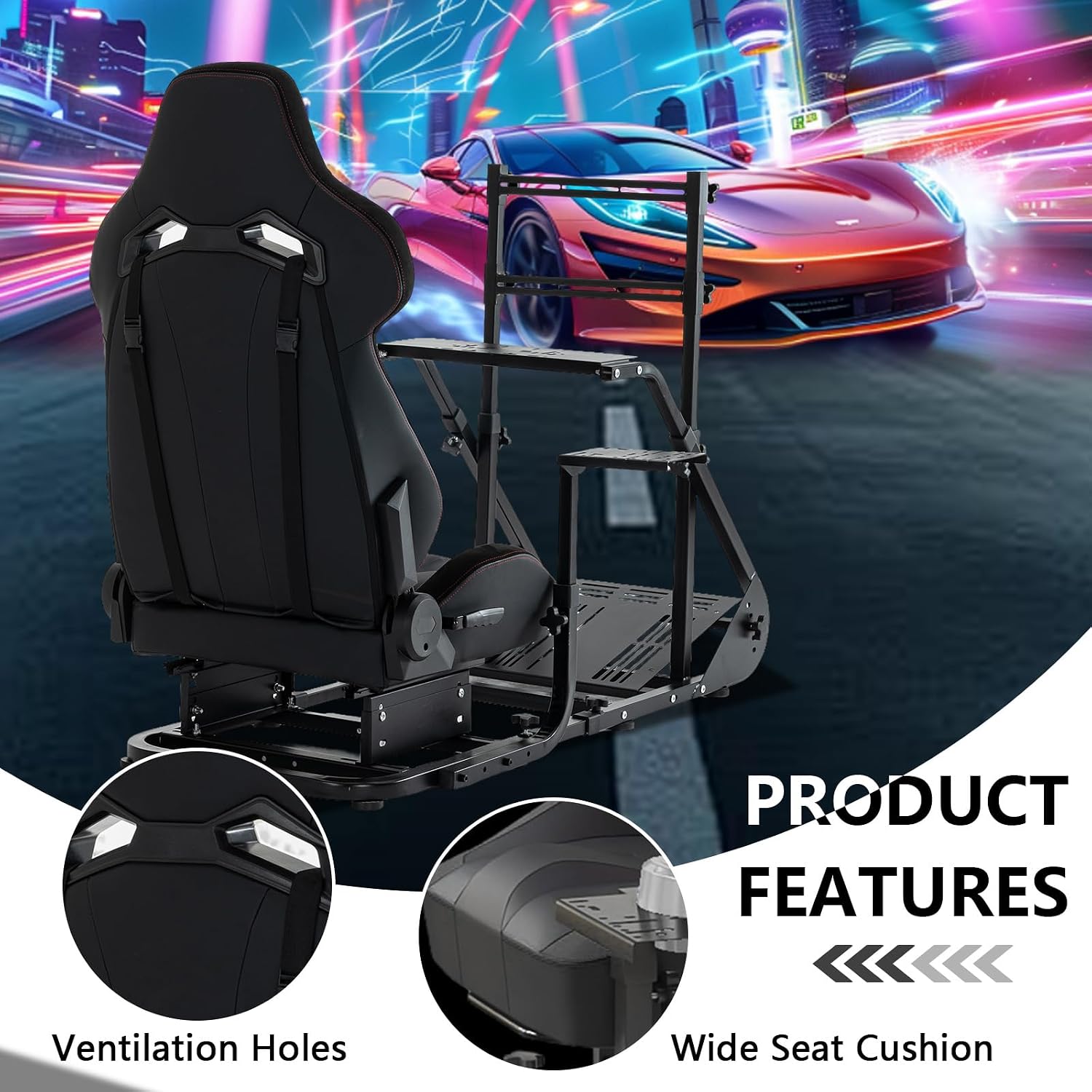Racing Simulator Cockpit with Monitor Mount and Seat,Sim Racing Cockpit Compatible with Fanatec,PXN,Thrustmaster and Logitech Adjustable Driving Simulators,Excluding Handbrake, Pedals & Monitor (Black)