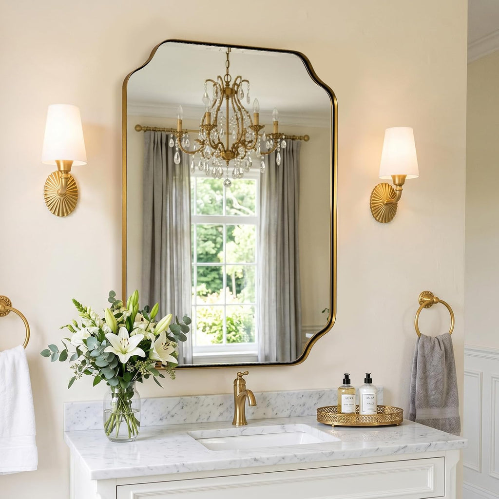 MIRRORART 20x28'' Scalloped Gold Bathroom Mirror, Brushed Brass Metal Framed Decorative Wall Mirror, Elegant Rectangle Vanity Mirror for Bathroom, Bedroom & Entryway, Modern Farmhouse Home Remodel