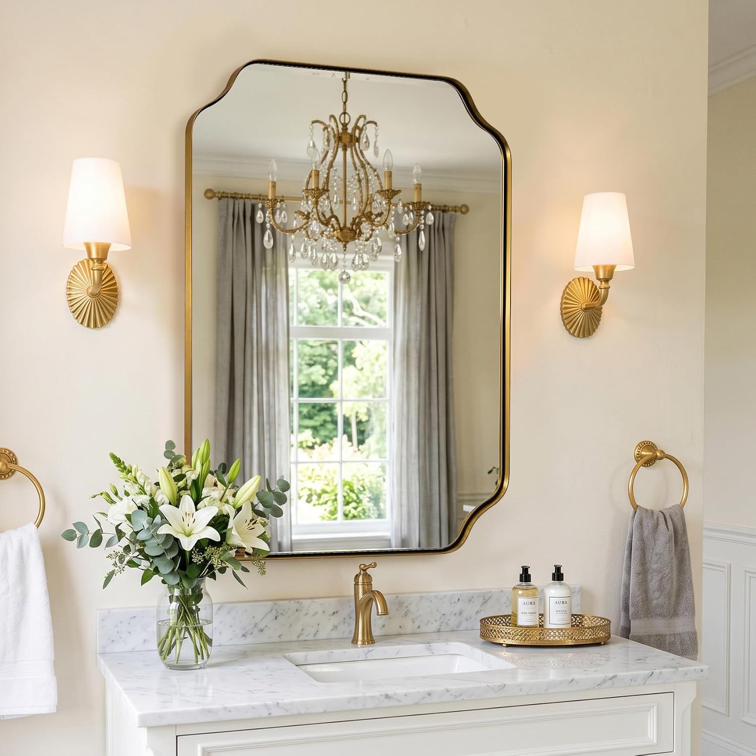 MIRRORART 20x28'' Scalloped Gold Bathroom Mirror, Brushed Brass Metal Framed Decorative Wall Mirror, Elegant Rectangle Vanity Mirror for Bathroom, Bedroom & Entryway, Modern Farmhouse Home Remodel