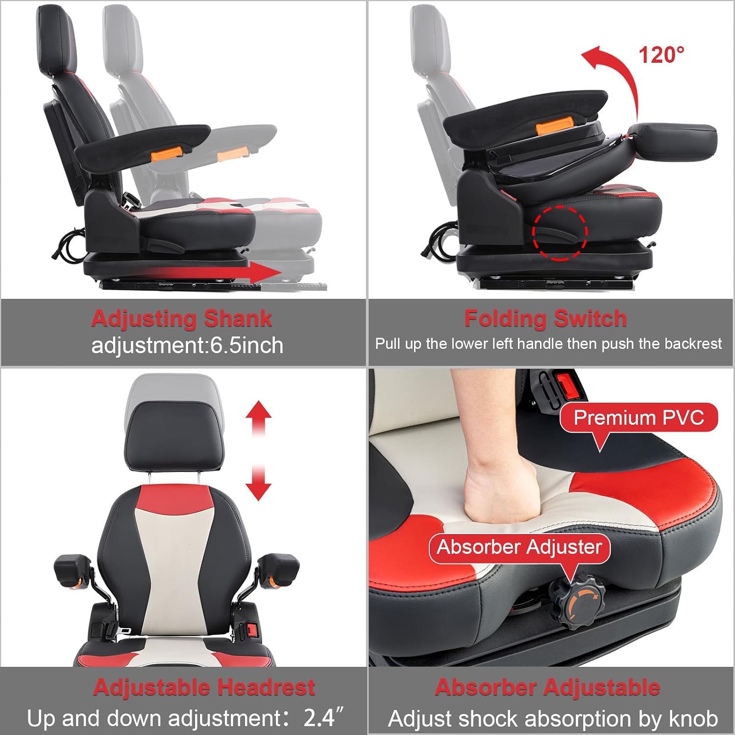 Universal Lawn Mower Seat,Highback Low Suspension Forklift Seat with Adjustable Headrest,Adjustable Armrests Shock Absorber Heavy Duty Seat for Zero Turn Mower/Excavator/Harvester/Tractor