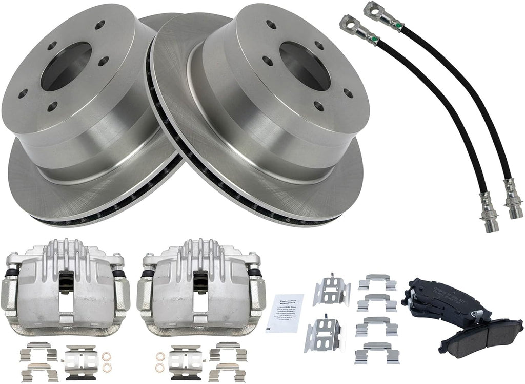 TRQ Rear Brake Pad and Rotor Set Ceramic Rotors Calipers Hoses Compatible with 1998-2002 Chevrolet Blazer 1998-2001 GMC Jimmy