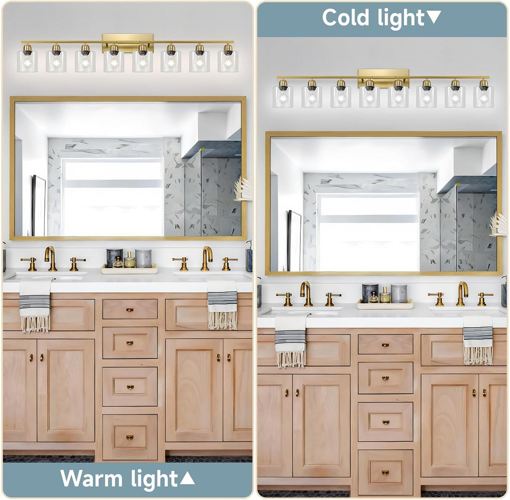 Bath Vanity Lights for Mirror, Restroom Lights Fixtures with Milky White Frosted Glass Shades,Bathroom Over Sink Light Fixtures (Gold & Clear Glass, 8-Light)
