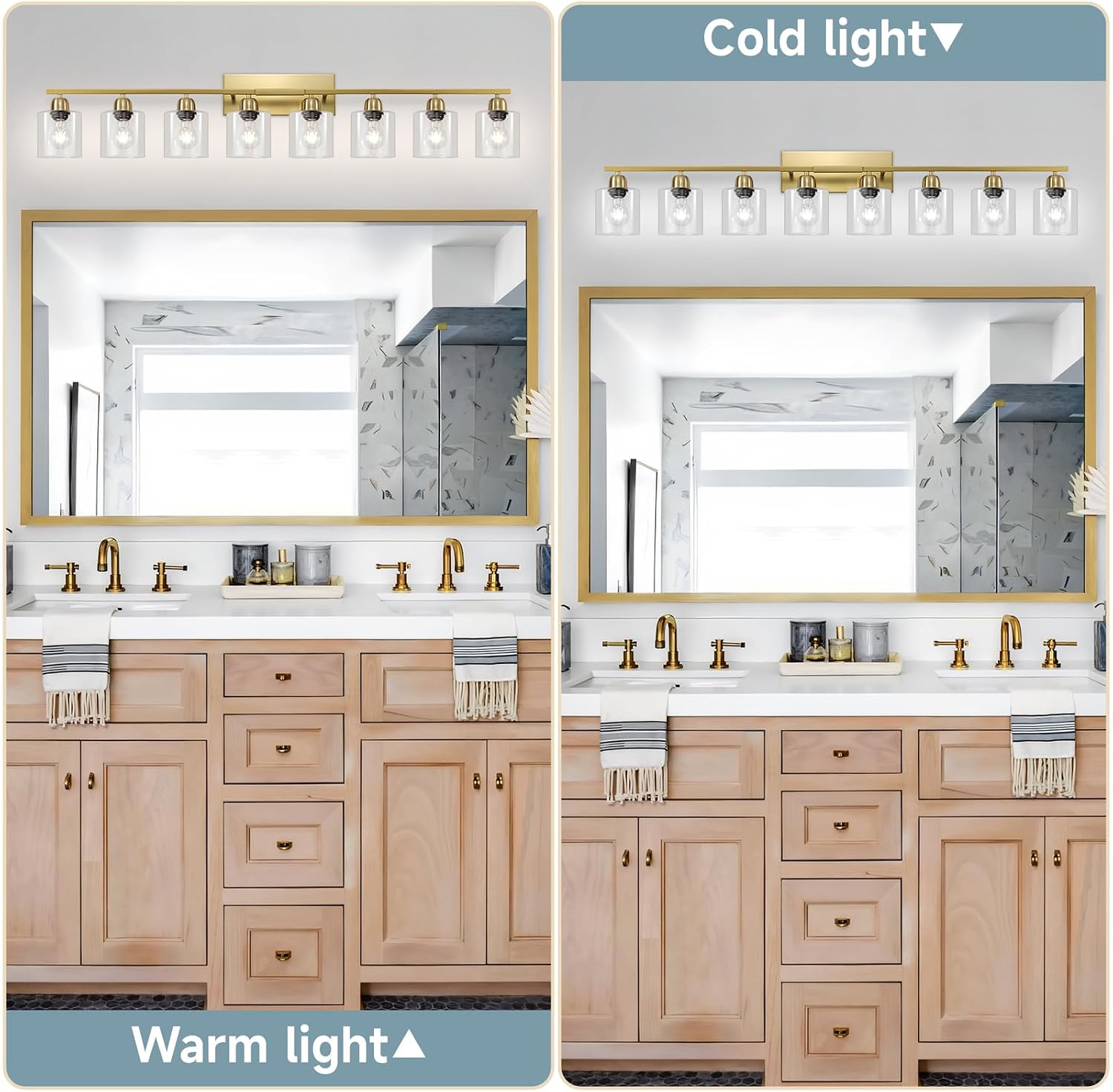 Bath Vanity Lights for Mirror, Restroom Lights Fixtures with Milky White Frosted Glass Shades,Bathroom Over Sink Light Fixtures (Gold & Clear Glass, 8-Light)