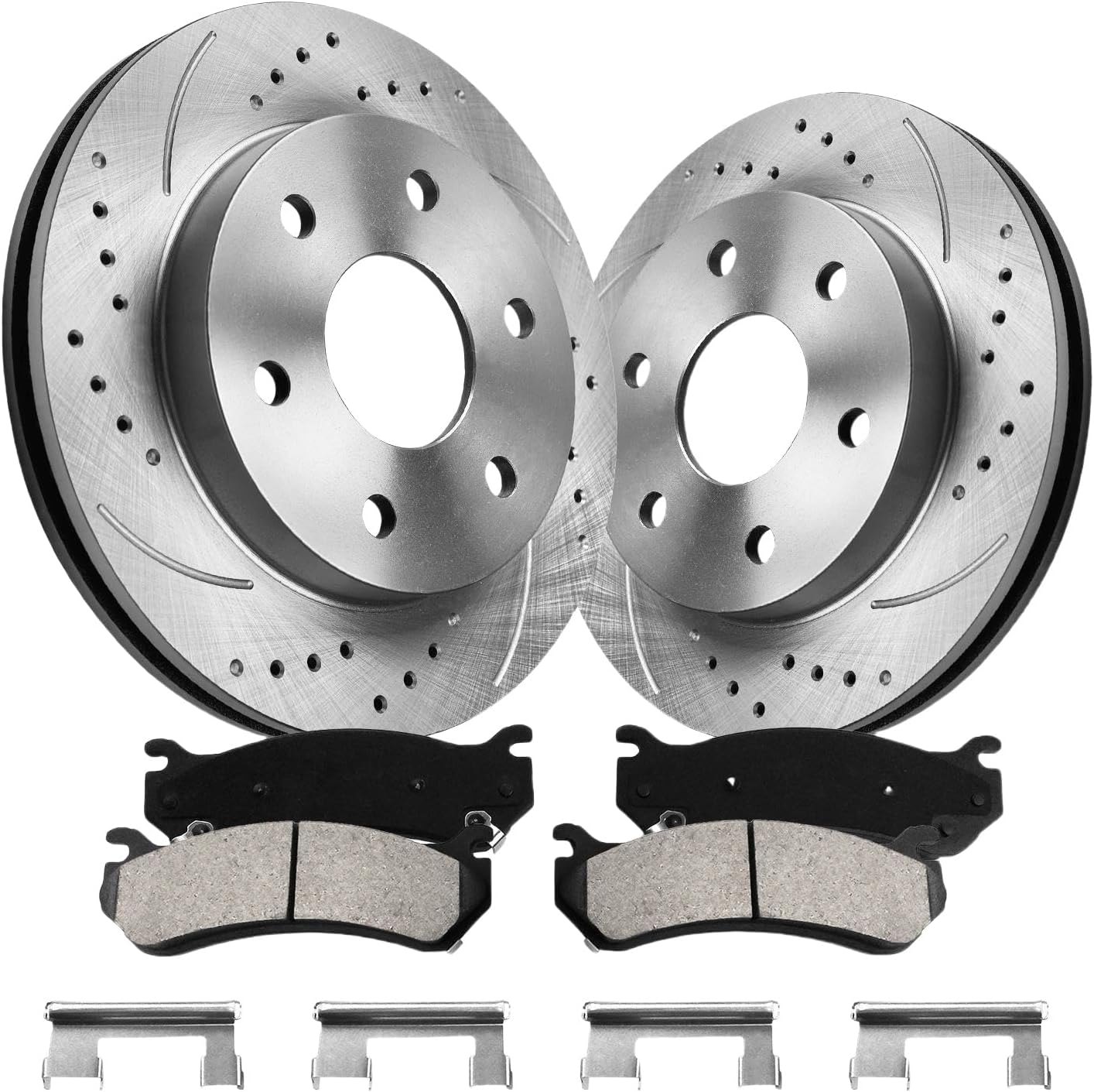 Pair Front Drilled and Slotted Rotors Ceramic Brake Pads for Chevy Silverado 1500 2002-2006, for GMC Sierra 1500 2003-2006, for GMC Yukon 2003-2006 Front Brake Pads and Rotors Kit