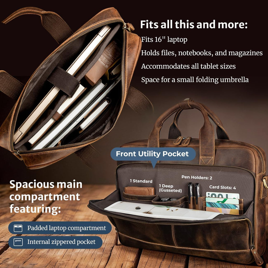 Augus Leather Messenger Bag for Men Vintage Travel Backpack 17 inch laptop Briefcase Shoulder Bags