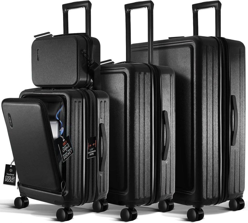 TRAVELARIM Hard Shell Luggage Sets with Spinner Wheels 4 Piece, Expandable Large Suitcases with TSA Lock, Travel Large Suitcase Set, Jet Black Luggage Set