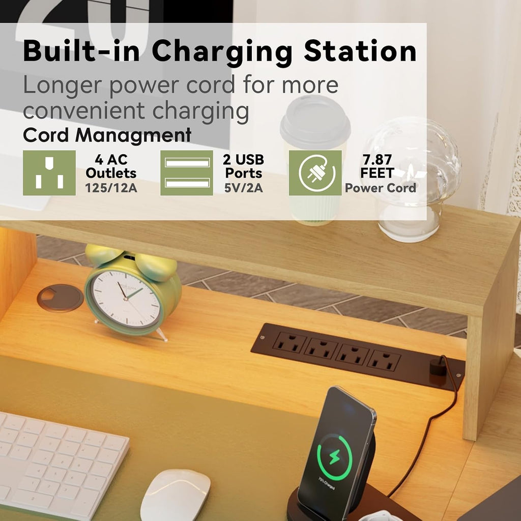 Fluted Executive Desk with File Drawers, 63' Fluted Home Office Desk with Lift Top, Gaming Desk, Charging Station, Sensor Lights, Wood Computer Table with Monitor Stand