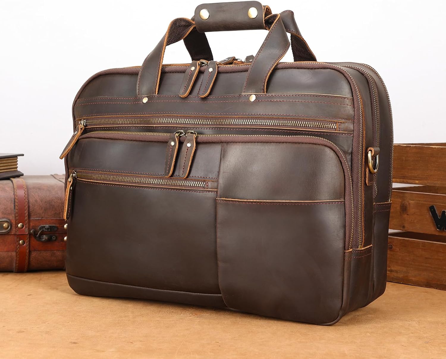 Polare X-Large 18' Full Grain Leather Briefcase For Men Business Travel Case Messenger Bag Fits 17.3' Laptop