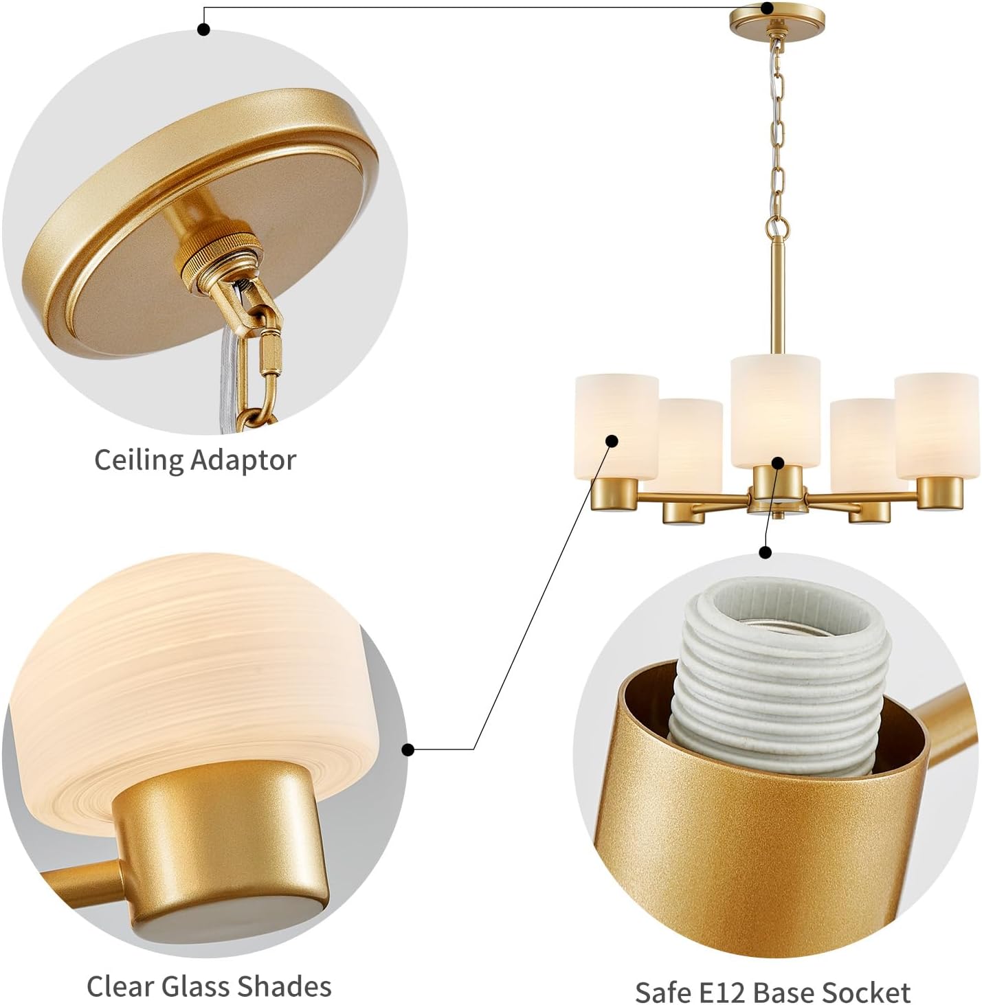 WUZUPS 5-Light Pendant Chandelier Light Frosted White Glass Shade with Grain Ceiling Lighting Elegant Modern Fixture Bathroom Kitchen Dining Room Entry Foyer, H 15.8' W21, E12 Base, Gold