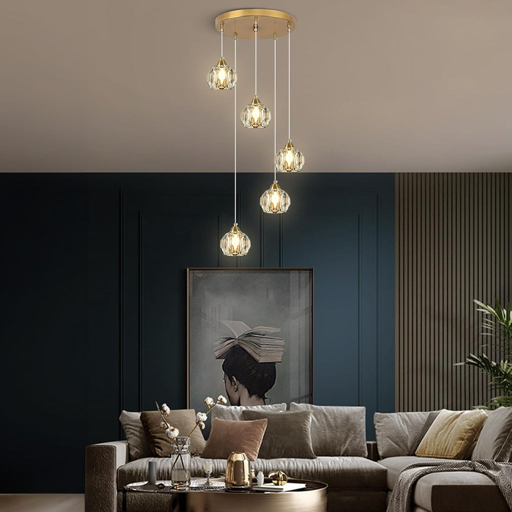 Weesalife Crystal Chandeliers for Dining Room Lights Fixture Over Table, 5-Light Gold Modern Pendant Light Fixture，Crystal Chandeliers for Living Room Kitchen Island Staircases Foyer Hallway Bar