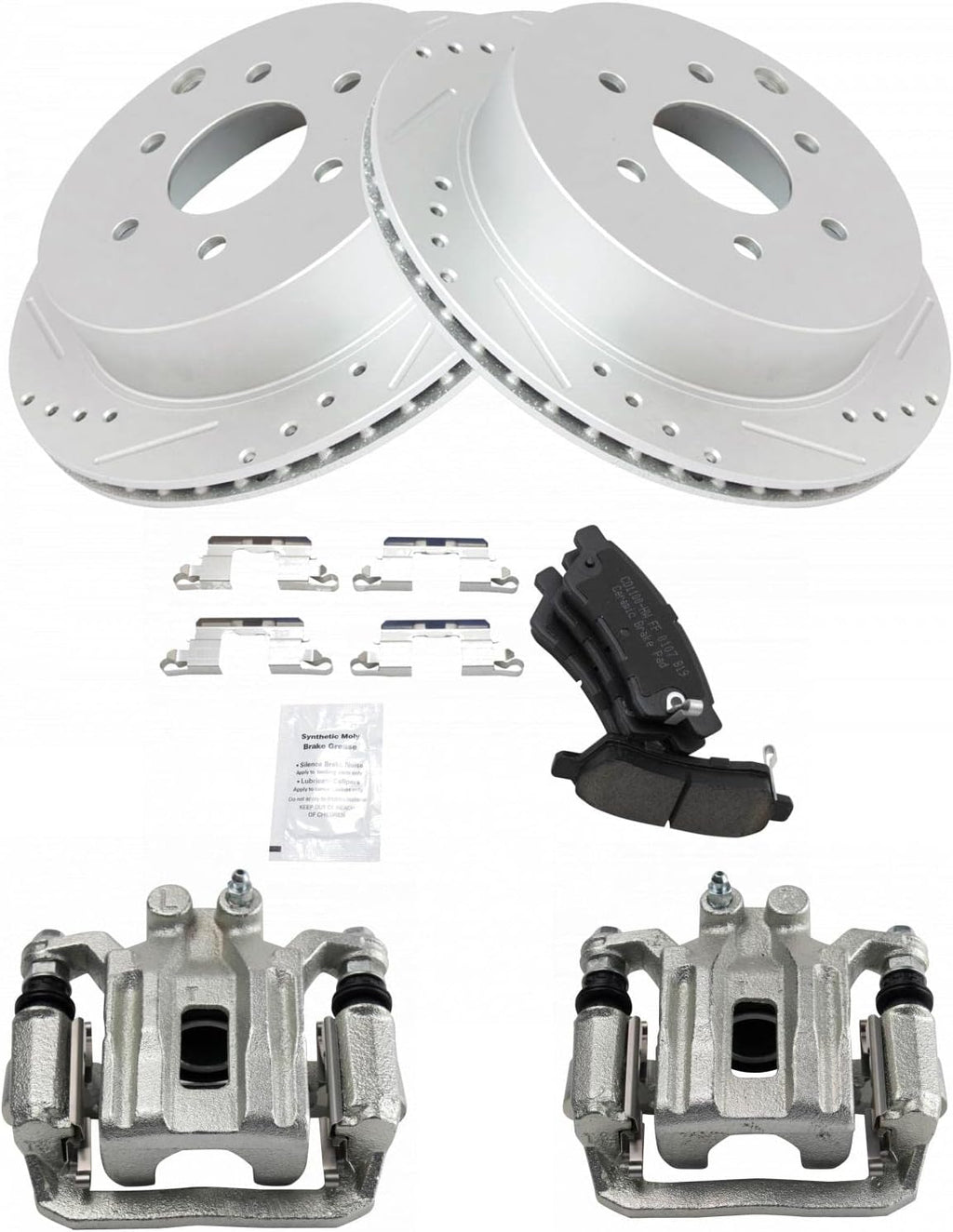 TRQ Performance Rear Brake Pad and Rotor Set Ceramic Drilled Slotted Coated Rotors Calipers Compatible with 2005-2018 Nissan Frontier 2005-2015 Xterra