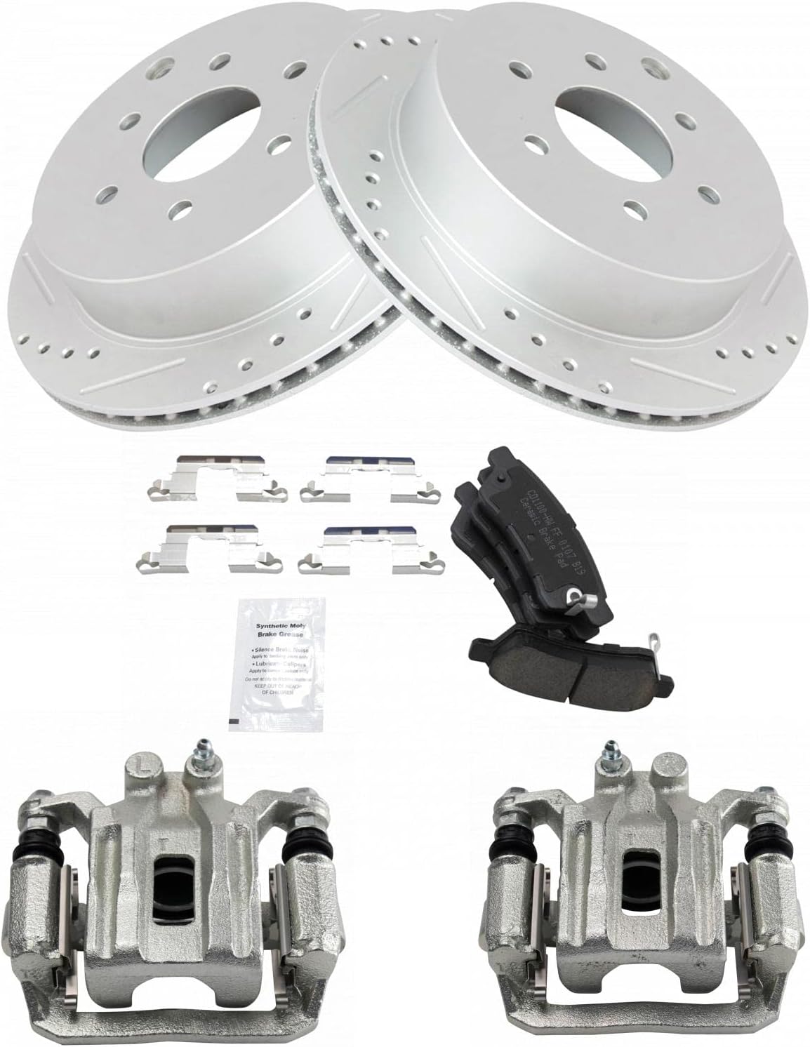 TRQ Performance Rear Brake Pad and Rotor Set Ceramic Drilled Slotted Coated Rotors Calipers Compatible with 2005-2018 Nissan Frontier 2005-2015 Xterra