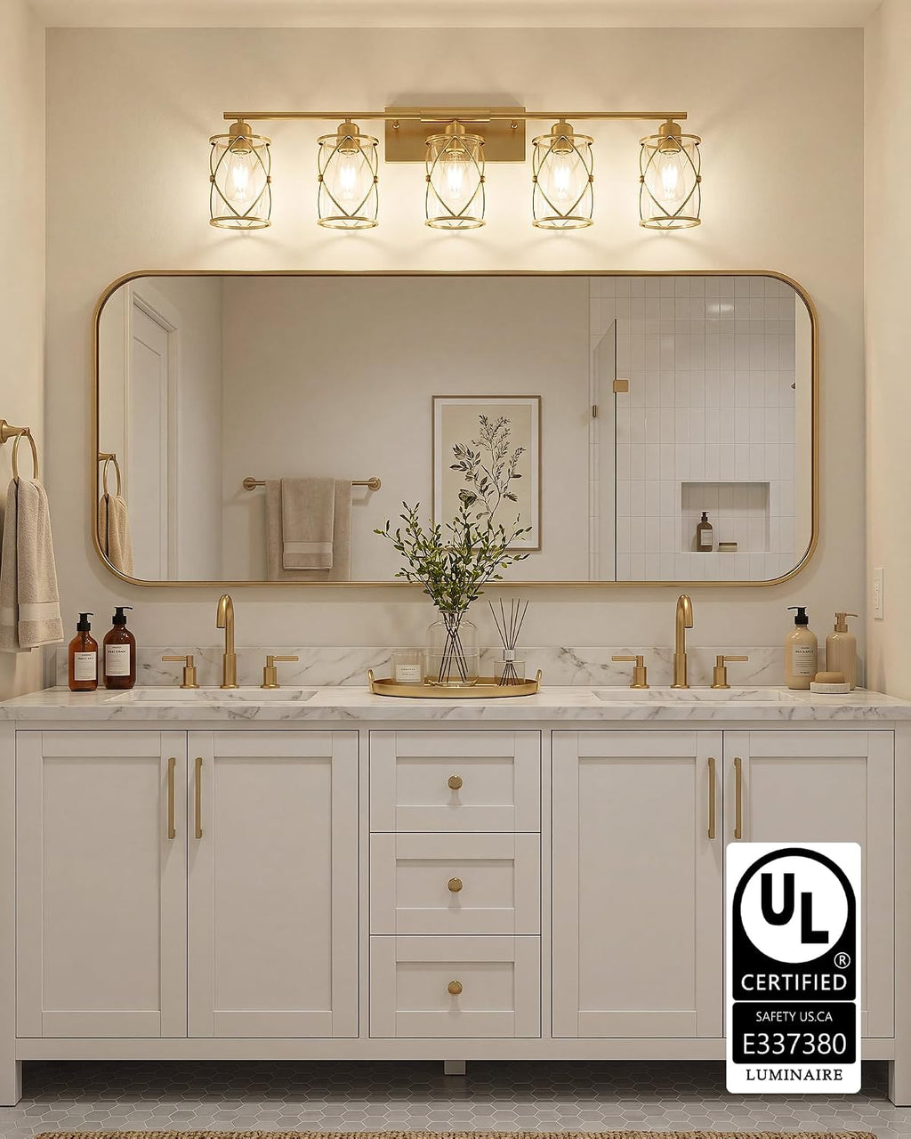 5-Light Brushed Gold Bathroom Light Fixtures Over Mirror, 38' UL-Listed Modern Wall Sconce Lights with Clear Glass and Metal Cage for Bath, Hardwire E26, CH9176BG-5W