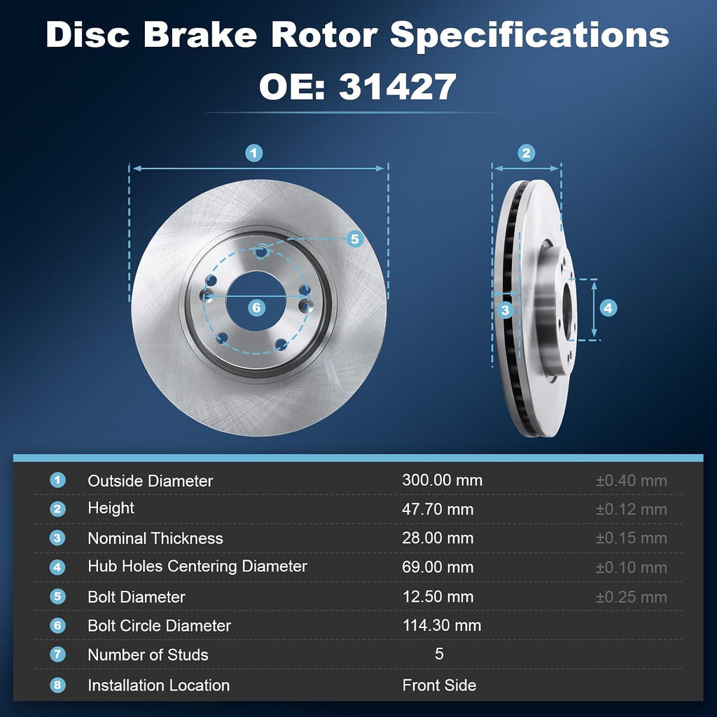 Front & Rear Disc Brake Rotors & Ceramic Brake Pads Kit Fit for Hyundai 2011-2015 Sonata, for Kia 2011-2015 Optima, 31427 31424 D1444 D1445