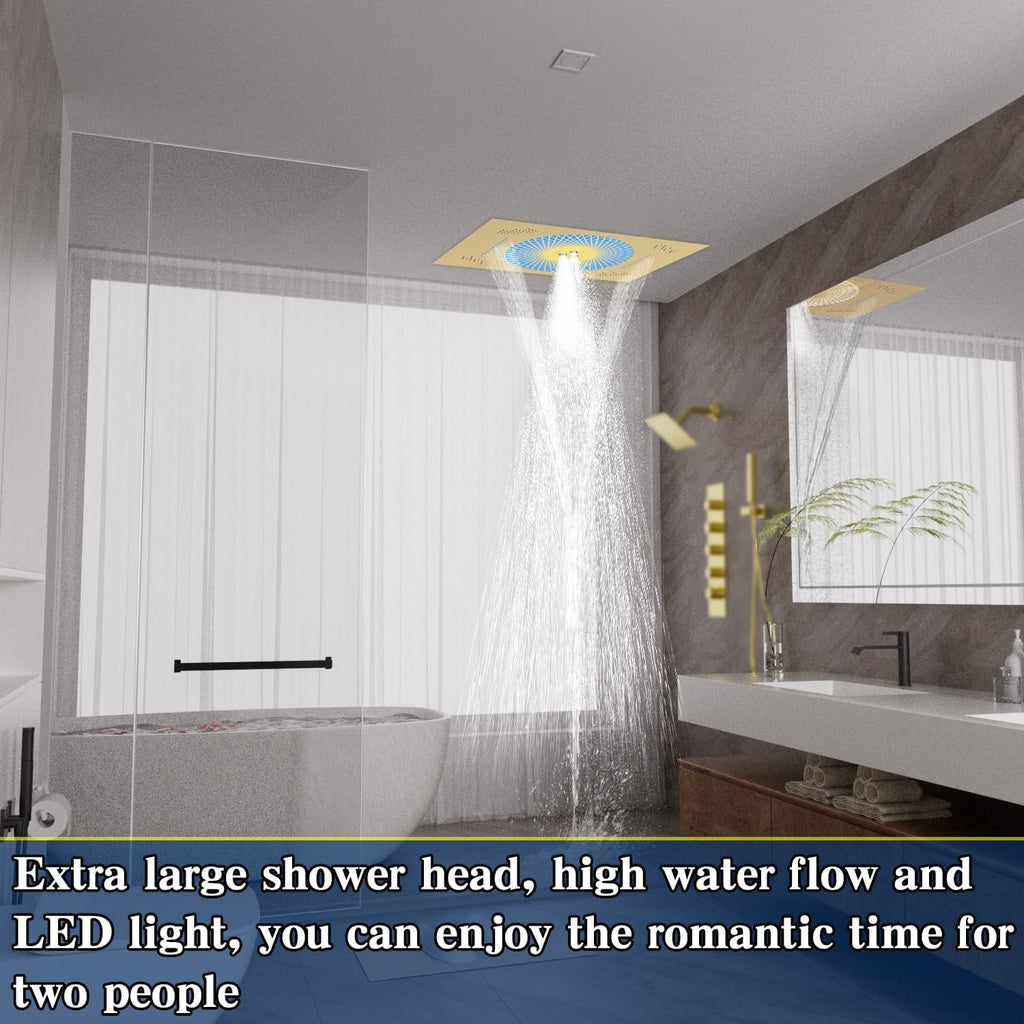 24x16 inch LED Shower head, 2 Function Stainless Steel Rectangle Waterfall And Mist Ceiling Mount Shower Head, 600 * 405mm Spray Waterfall Shower Head with Remote Control, Brushed Gold