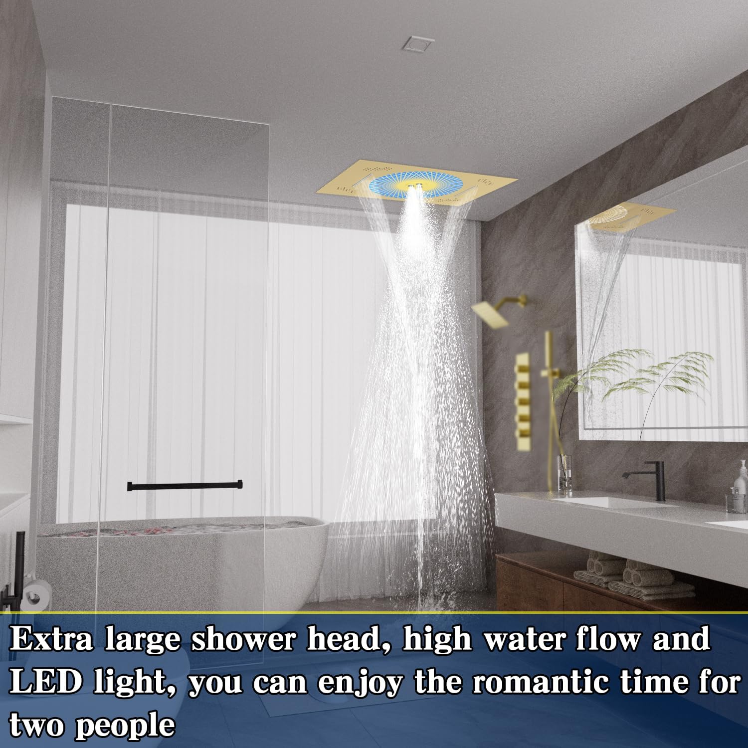 24x16 inch LED Shower head, 2 Function Stainless Steel Rectangle Waterfall And Mist Ceiling Mount Shower Head, 600 * 405mm Spray Waterfall Shower Head with Remote Control, Brushed Gold