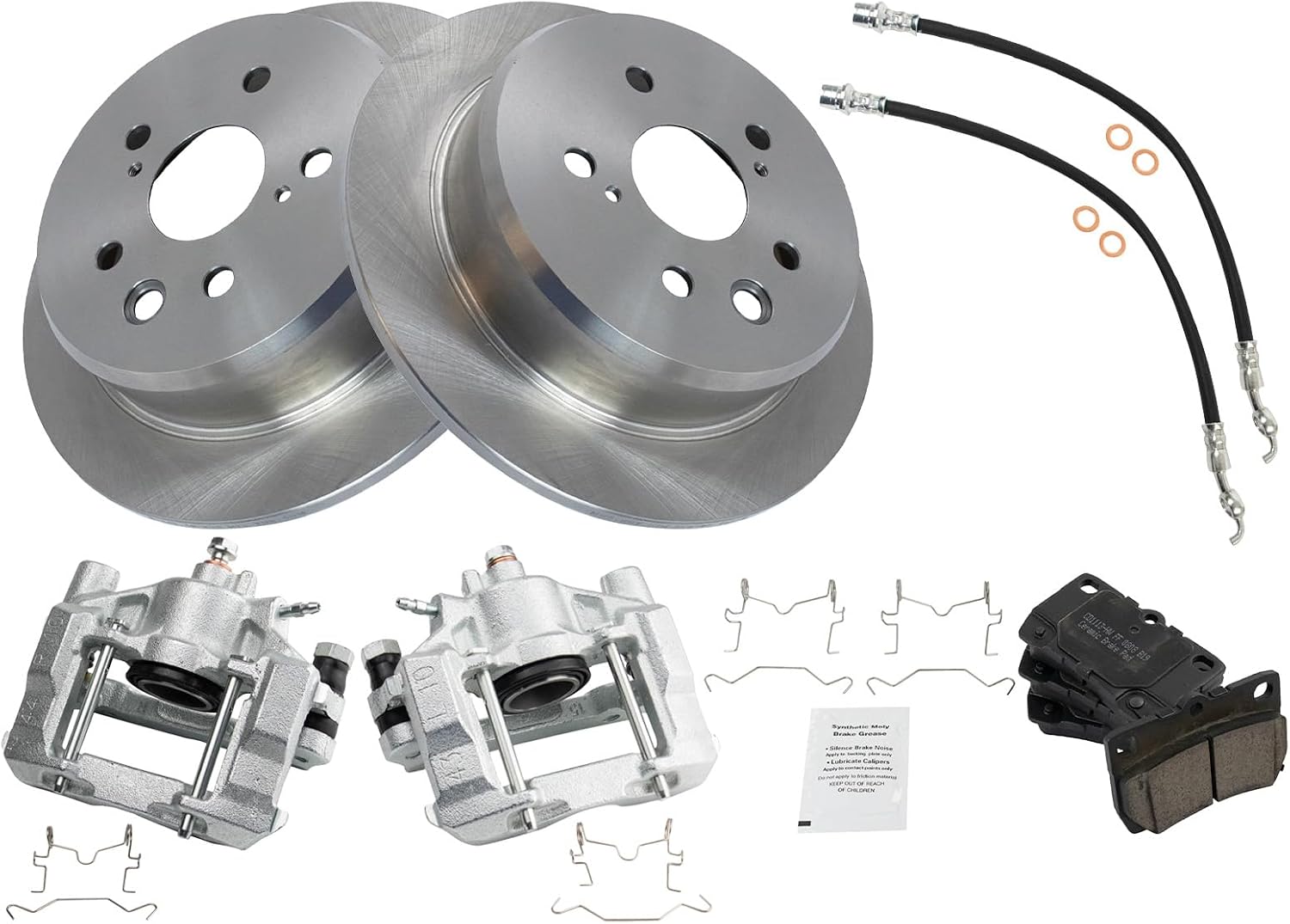 TRQ Rear Brake Pad and Rotor Set Ceramic Rotors Calipers Hoses Compatible with 2006-2013 Lexus IS250