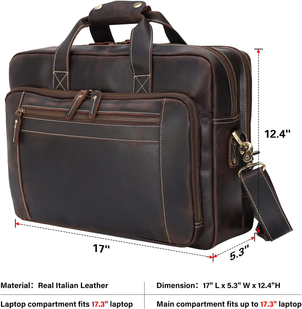 Men's Solid Thick Full Grain Leather 17.3' Laptop Briefcase Classic Messenger Bag Fit Business Travel | Solid, Thick, Full Grain Leather, 17.3', Classic, Fit