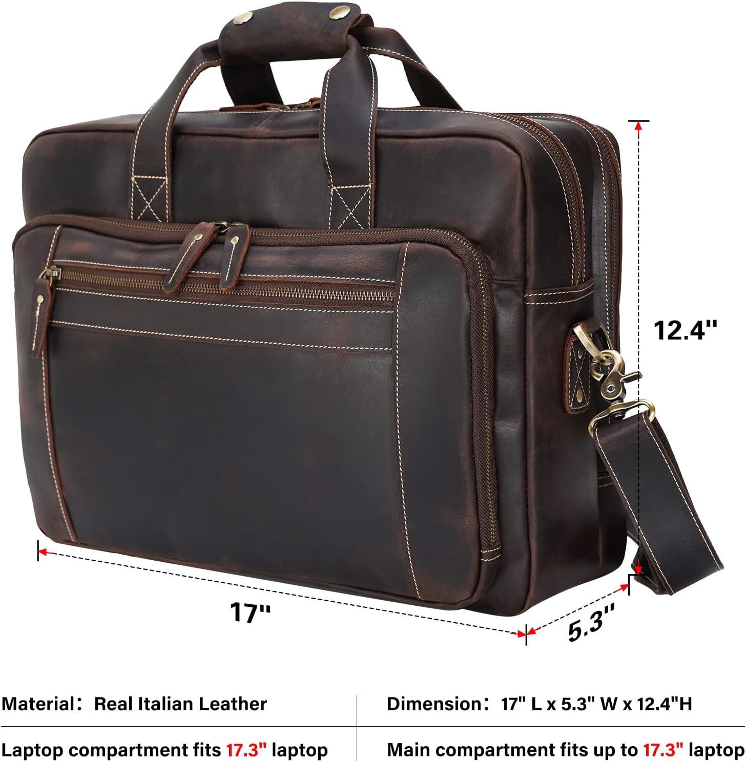 Men's Solid Thick Full Grain Leather 17.3' Laptop Briefcase Classic Messenger Bag Fit Business Travel | Solid, Thick, Full Grain Leather, 17.3', Classic, Fit