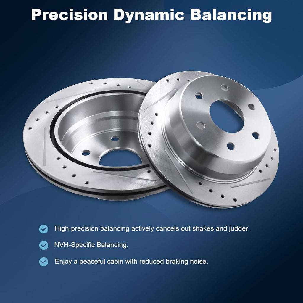 Rear Drilled and Slotted Disc Brake Rotors & Ceramic Brake Pads Kit Fit for Chevrolet 03-05 Astro, 99-06 Silverado 1500, 00-01 Tahoe; for GMC 03-05 Safari, 99-06 Sierra 1500, 00-01 Yukon