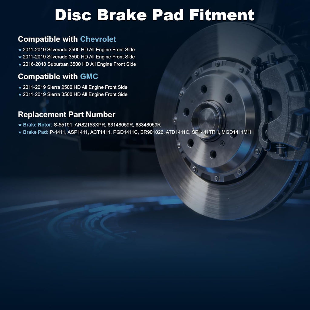 Front Drilled and Slotted Disc Brake Rotors & Ceramic Brake Pads Kit Fit for Chevy 2011-2019 Silverado 2500HD/3500HD, 2016-2018 Suburban 3500HD; for GMC 2011-2019 Sierra 2500HD/3500HD