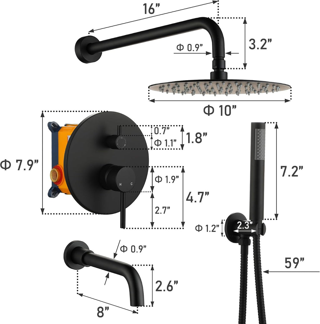 MONDAWE Round Shower Faucet Set with Tub Spout, Wall Mounted Shower System 10 Inch Rainfall Shower Head with Handheld Combo, Matte Black High Pressure Shower Faucets Sets Complete