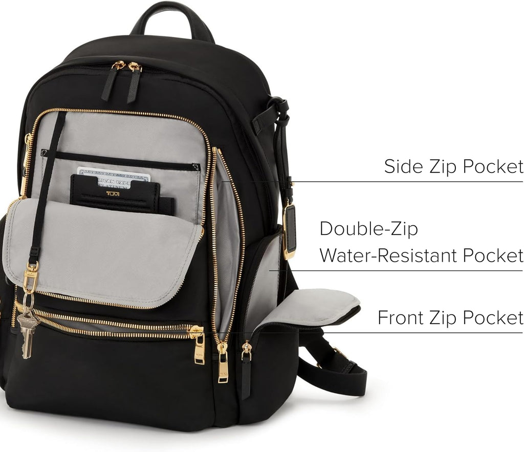 TUMI - Voyageur Celina Backpack - Women's Work and Travel Bag - 16.0' X 10.6' X 6.5' - Holds Up to 16' Laptop - Black & Gold Hardware