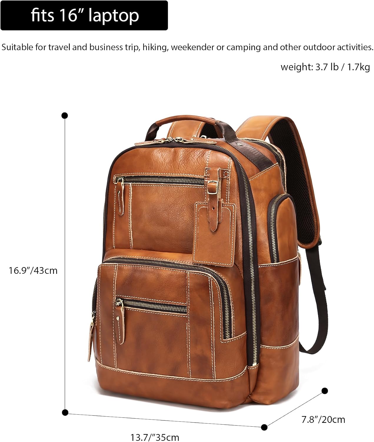 LANNSYNE Vintage Genuine Leather Backpack for Men, 15.6' Laptop Backpack Camping Travel 24L Rucksack