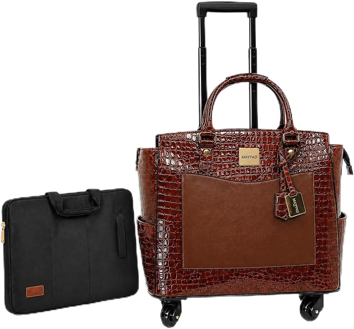 Rolling Laptop Bag for Women with Wheels & Handle Luxury Pure Leather Embossed Work Bag with Laptop Sleeve Travel Briefcase