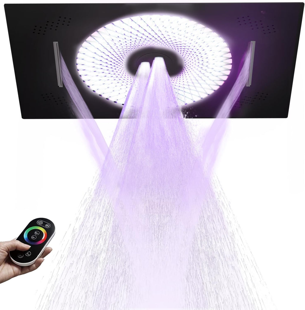 24x16 inch LED Shower head, 2 Function Stainless Steel Rectangle Waterfall And Mist Ceiling Mount Shower Head, 600 * 405mm Spray Waterfall Shower Head with Remote Control, Matte Black