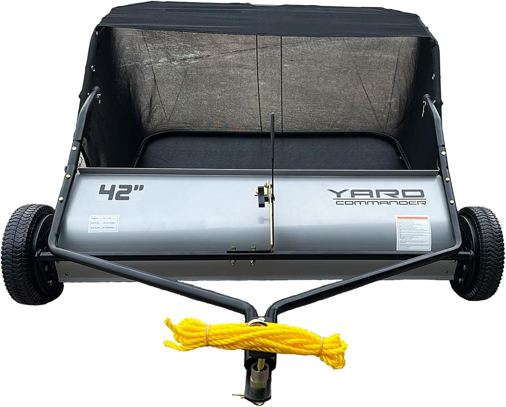 Yard Commander - 42-Inch Tow-Behind Lawn Sweeper, 10' Nylon Brushes, Universal Tractor/ATV Hitch, Never-Flat Wheels, Adjustable Height, 1-Year Warranty, Ideal for Leaves, Grass & Debris