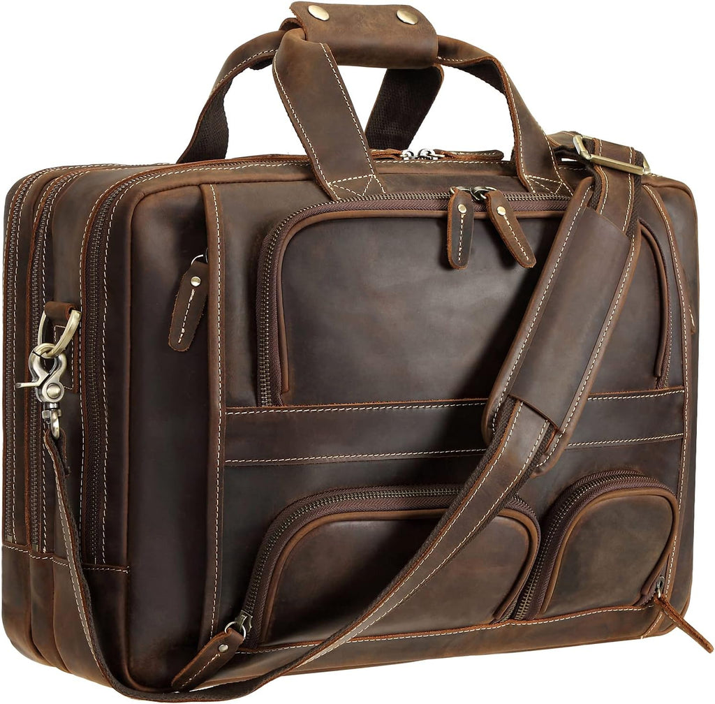 Polare Full Grain Cowhide Leather 17'' Laptop Large Briefcase for Men Business Messenger Bag Work Bag