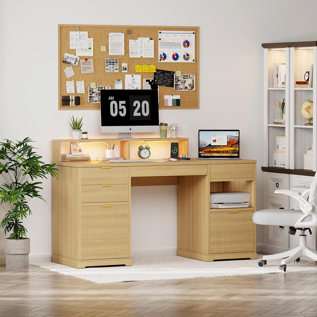 Fluted Executive Desk with File Drawers, 63' Fluted Home Office Desk with Lift Top, Gaming Desk, Charging Station, Sensor Lights, Wood Computer Table with Monitor Stand