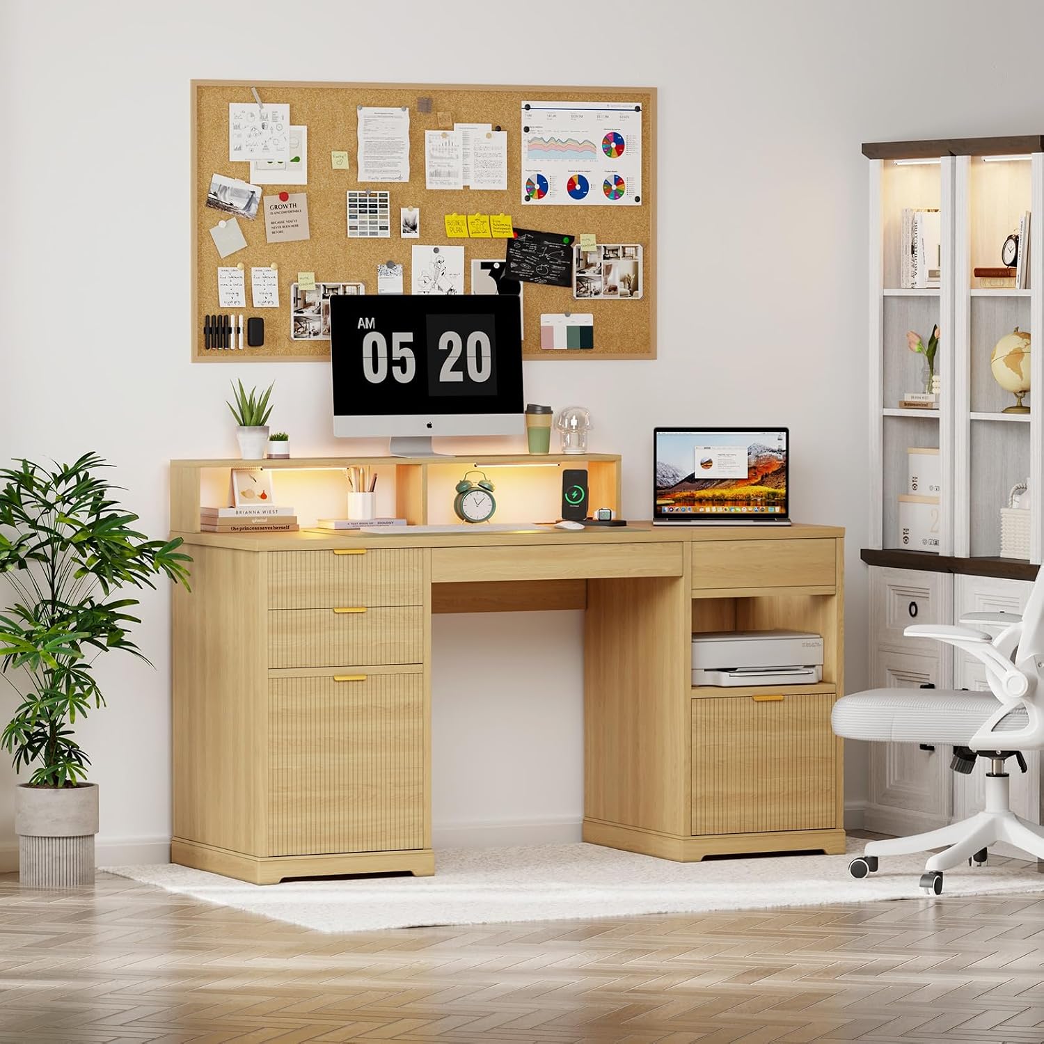 Fluted Executive Desk with File Drawers, 63' Fluted Home Office Desk with Lift Top, Gaming Desk, Charging Station, Sensor Lights, Wood Computer Table with Monitor Stand