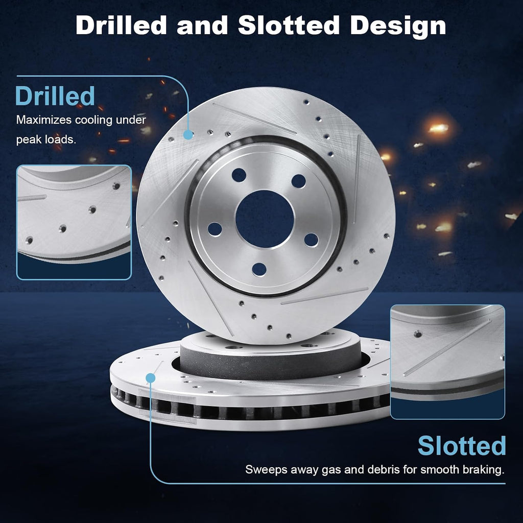 Front & Rear Drilled and Slotted Disc Brake Rotors & Ceramic Brake Pads Kit Fit for Dodge 2011-2020 Durango V6 3.6L; for Jeep 2011-2018 Grand Cherokee #53062 D1455 53061 D1498