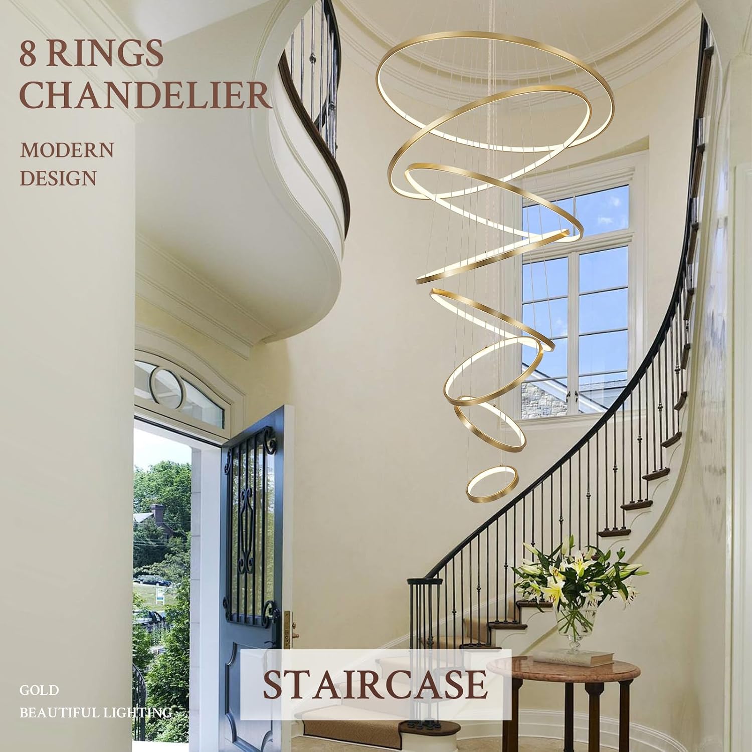 Modern LED Chandelier 8 Rings Dimmable Gold High Ceiling Chandelier Foyer, Large LED Contemporary Pendant Lighting for Staircase Entryway Living Room, D35in 3000K-6500K