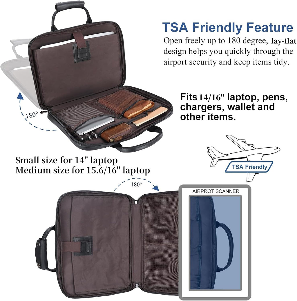 Leather Slim Briefcase for Men 14' - 16' Laptop Crossbody Messenger Bag Business Work Lawyer Attache Case