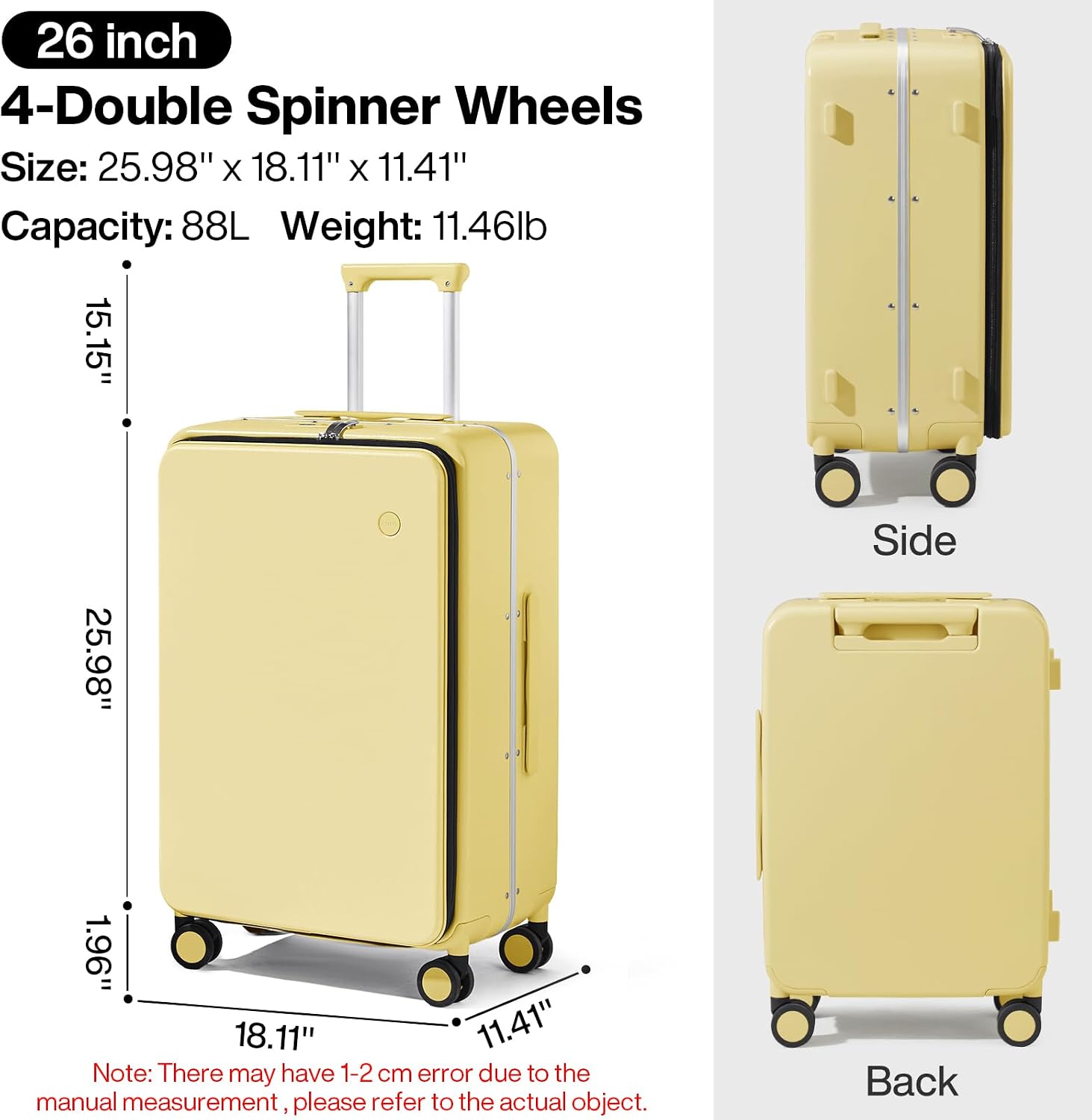 mixi 26 Inch Large Checked Luggage PC Hard Shell Suitcase Top Opening Aluminum Frame Travel Suitcases with Wheels, Lark Yellow