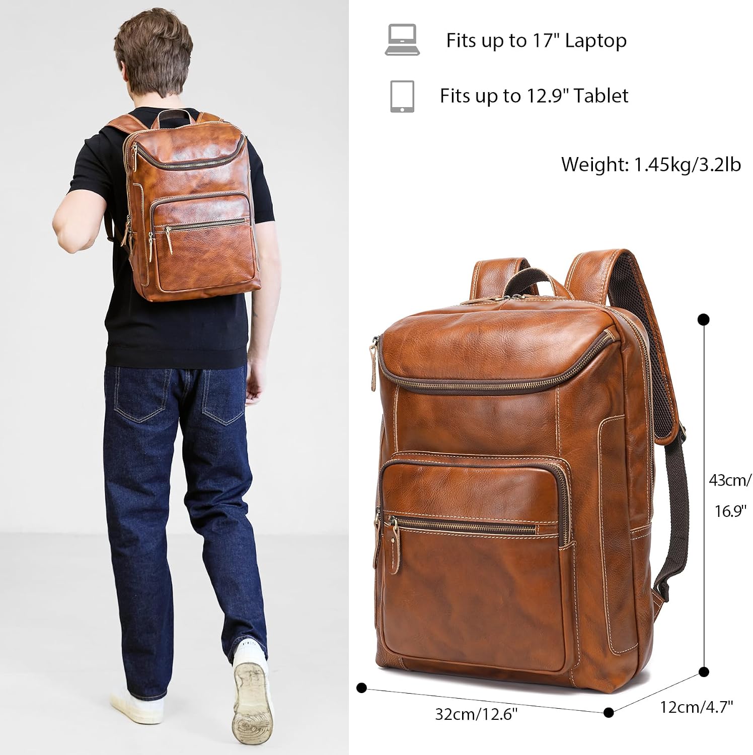 LANNSYNE Vegetable Tanned Leather Backpack For Men, 17' Laptop Backpack, Casual Outdoor Business Travel Rucksack, YKK Zippers