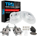 TRQ Performance Rear Brake Pad and Rotor Set Ceramic Slotted Drilled G Coated Calipers Hardware Compatible with 2010 Volkswagen Jetta