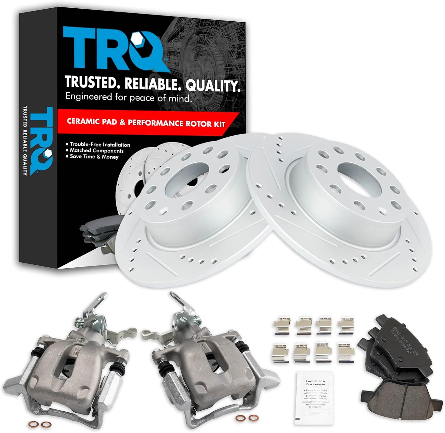 TRQ Performance Rear Brake Pad and Rotor Set Ceramic Slotted Drilled G Coated Calipers Hardware Compatible with 2010 Volkswagen Jetta