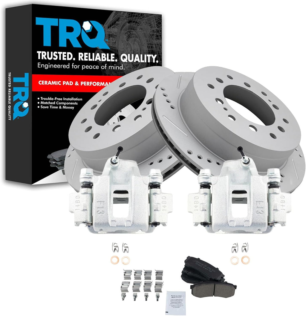 TRQ Performance Rear Brake Pad and Rotor Set Ceramic Coated Drilled Slotted Rotors Calipers Compatible with 2003-2009 Toyota 4Runner 2007-2009 FJ Cruiser