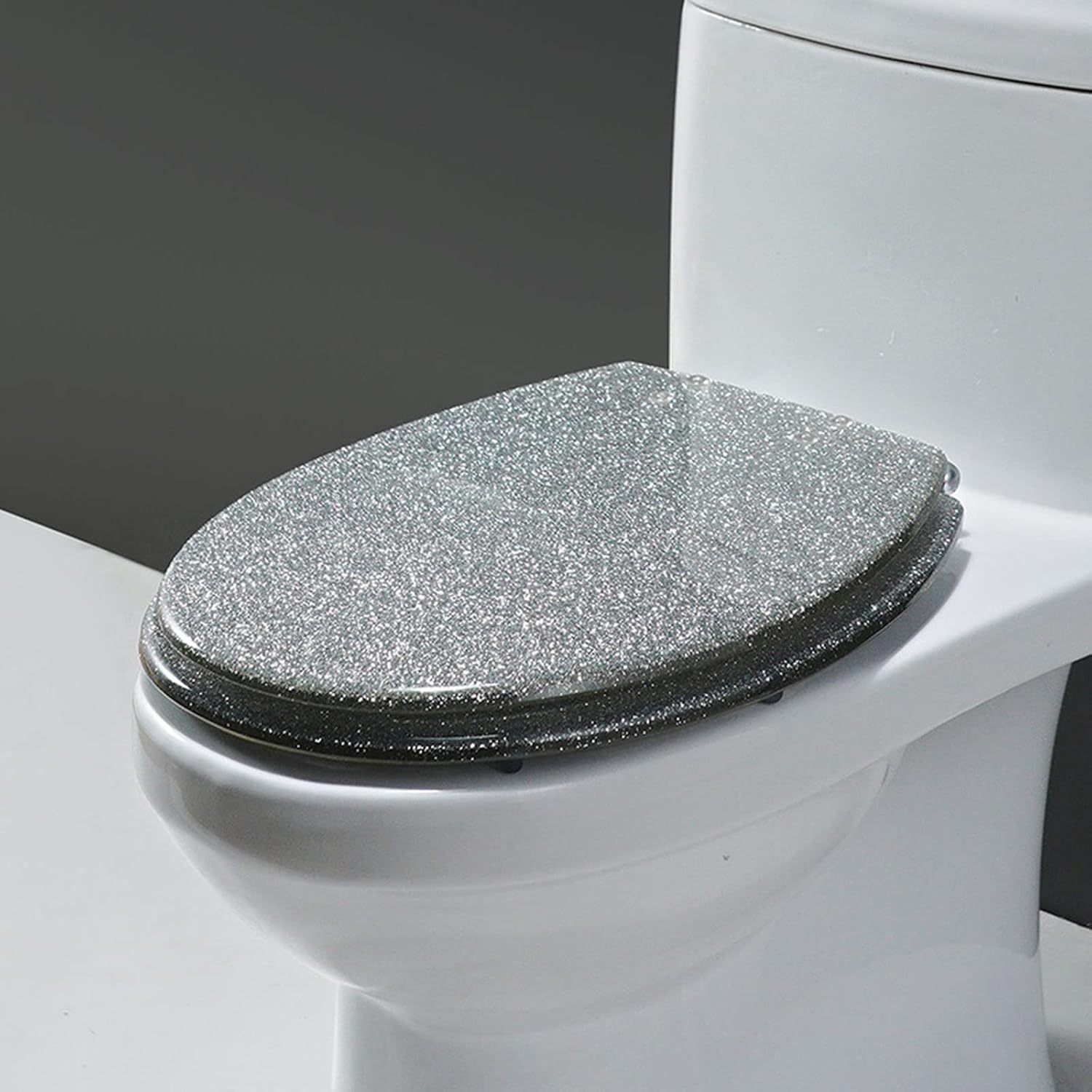 Glitter Toilet Seat Slow Close Resin Round, Sparkling for Bathroom - Decorative Glam Easy Clean,Gold (Silver)