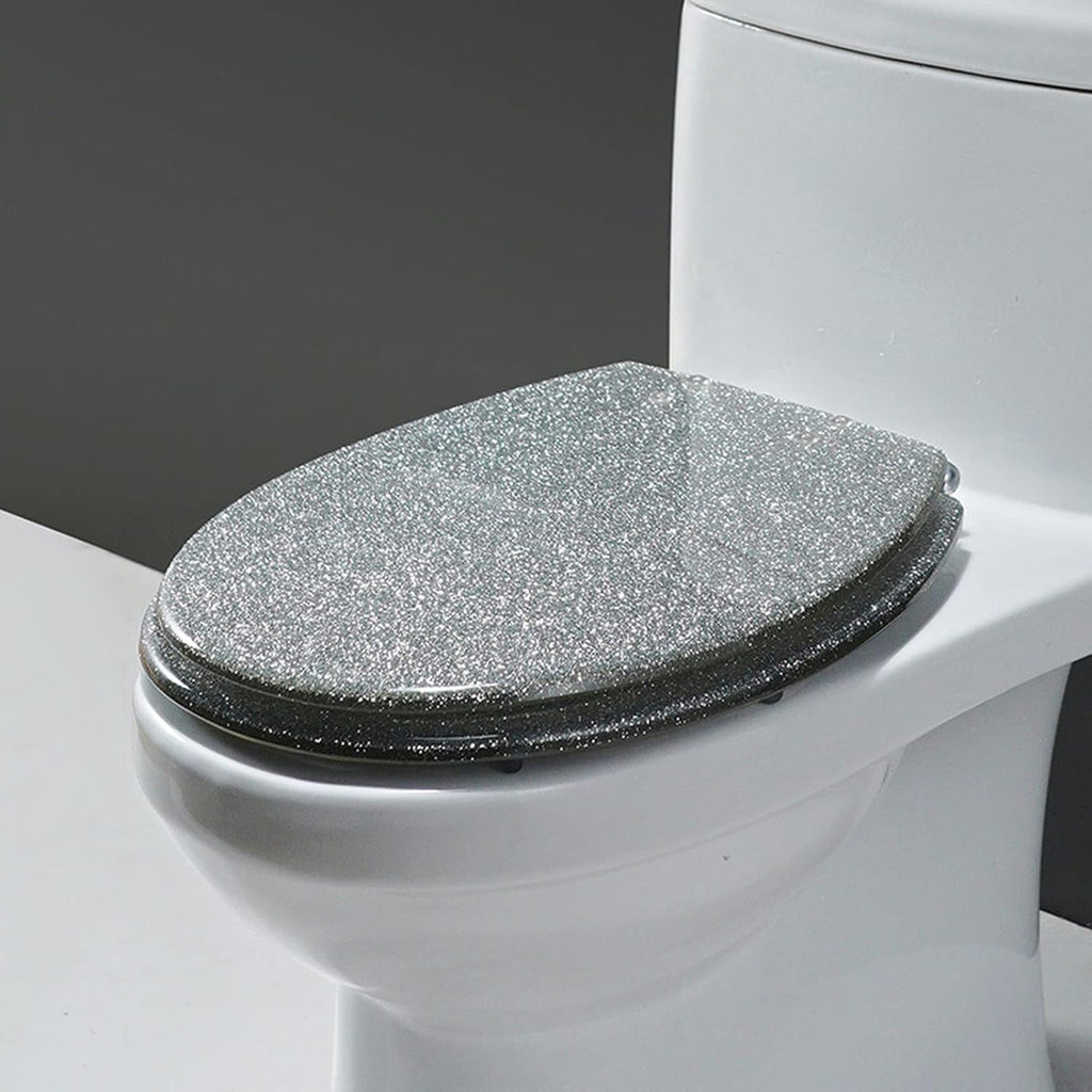 Sparkly Resin Toilet Seat, Elongated Toilet Seat Soft Close, Thicken Toilet Seats, Glitter Toilet Seat Slow Close Bathroom Toilet Lid, Easy Clean & Install, 42 × 36cm,Gold(Silver)