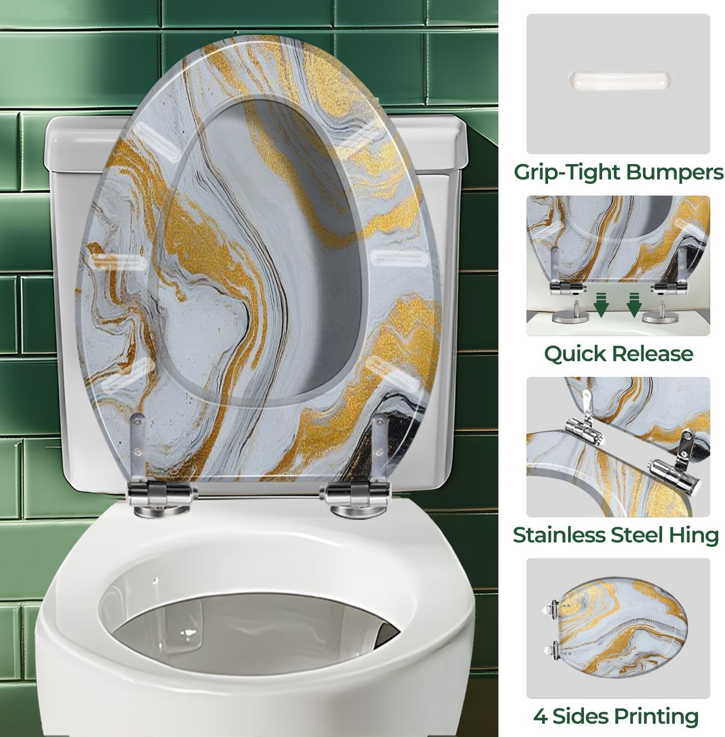 Elongated Toilet Seat marble ink paper texture white silver gold Art Resin Toilet Seat with Cover Easy to Install Quietly Close Quick Release Hinges Decorative