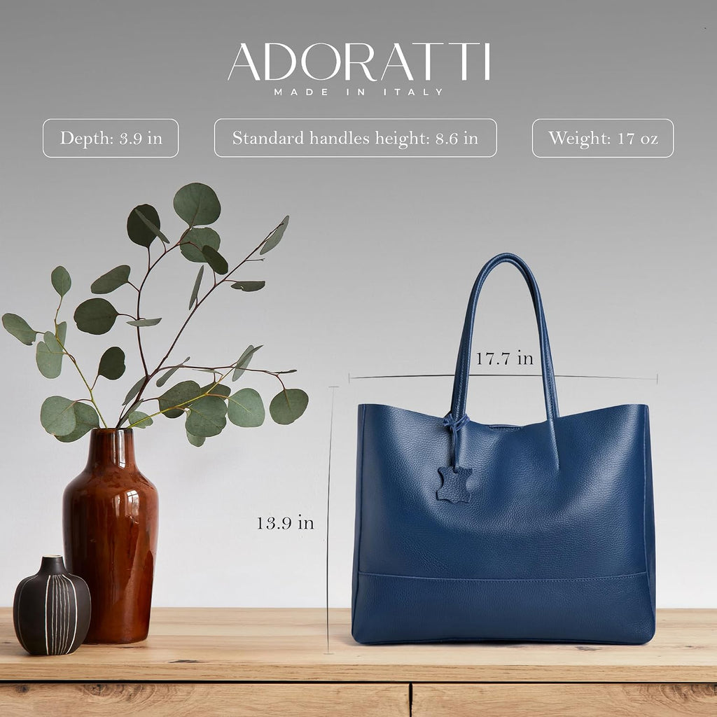 Italian Leather Tote Bag for Women - Large Shoulder Shopper, Fits 16' Laptop, Keychain Holder, Made in Italy