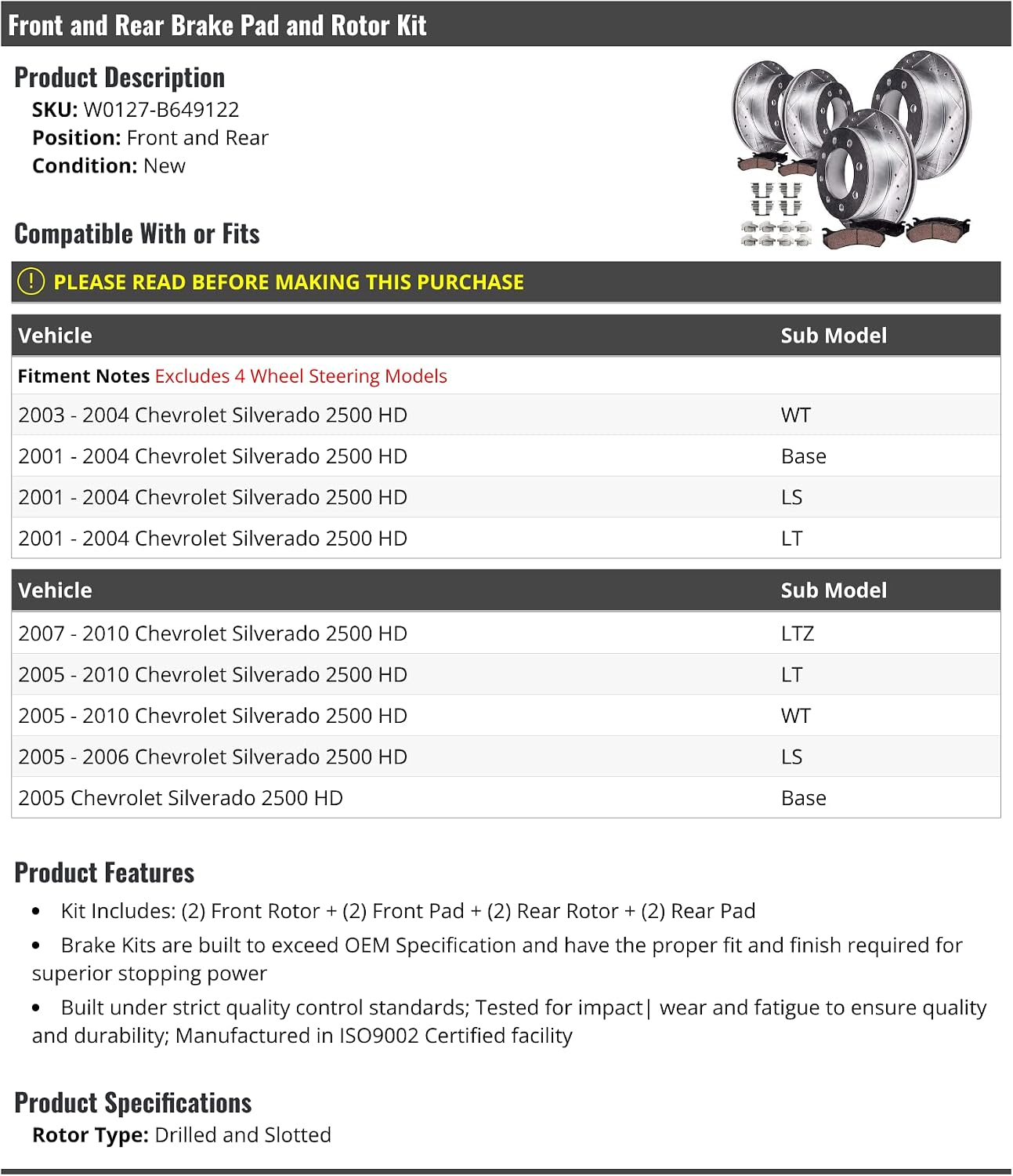 Front and Rear Ceramic Brake Pads and Drilled and Slotted Rotor Kit - Compatible with 2001-2010 Chevy Silverado 2500 HD (Excludes Models with 4 Wheel Steering)